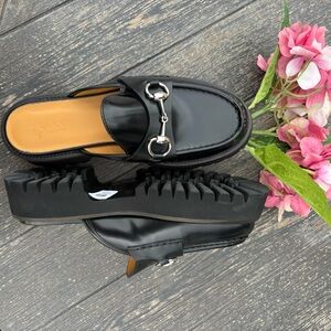 GUCCI BLACK LEATHER LOAFER MULES PLATFORM BLOCK HEELS 37